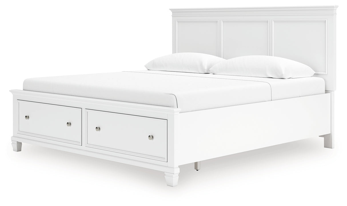 Fortman King Panel Storage Bed with Mirrored Dresser and Nightstand in White from Ashley Furniture - Luna Furniture