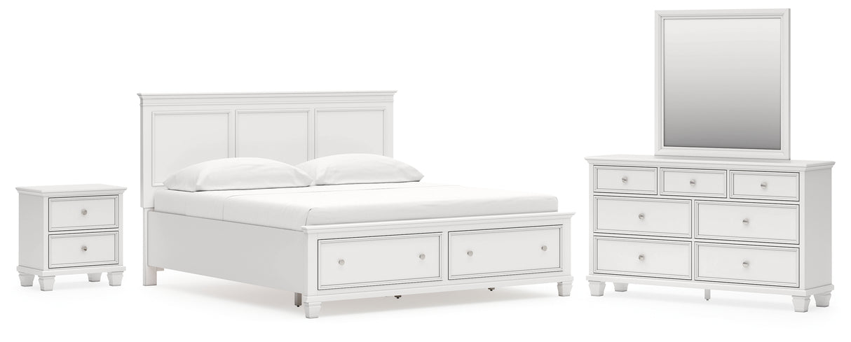 Fortman King Panel Storage Bed with Mirrored Dresser and Nightstand in White from Ashley Furniture - Luna Furniture