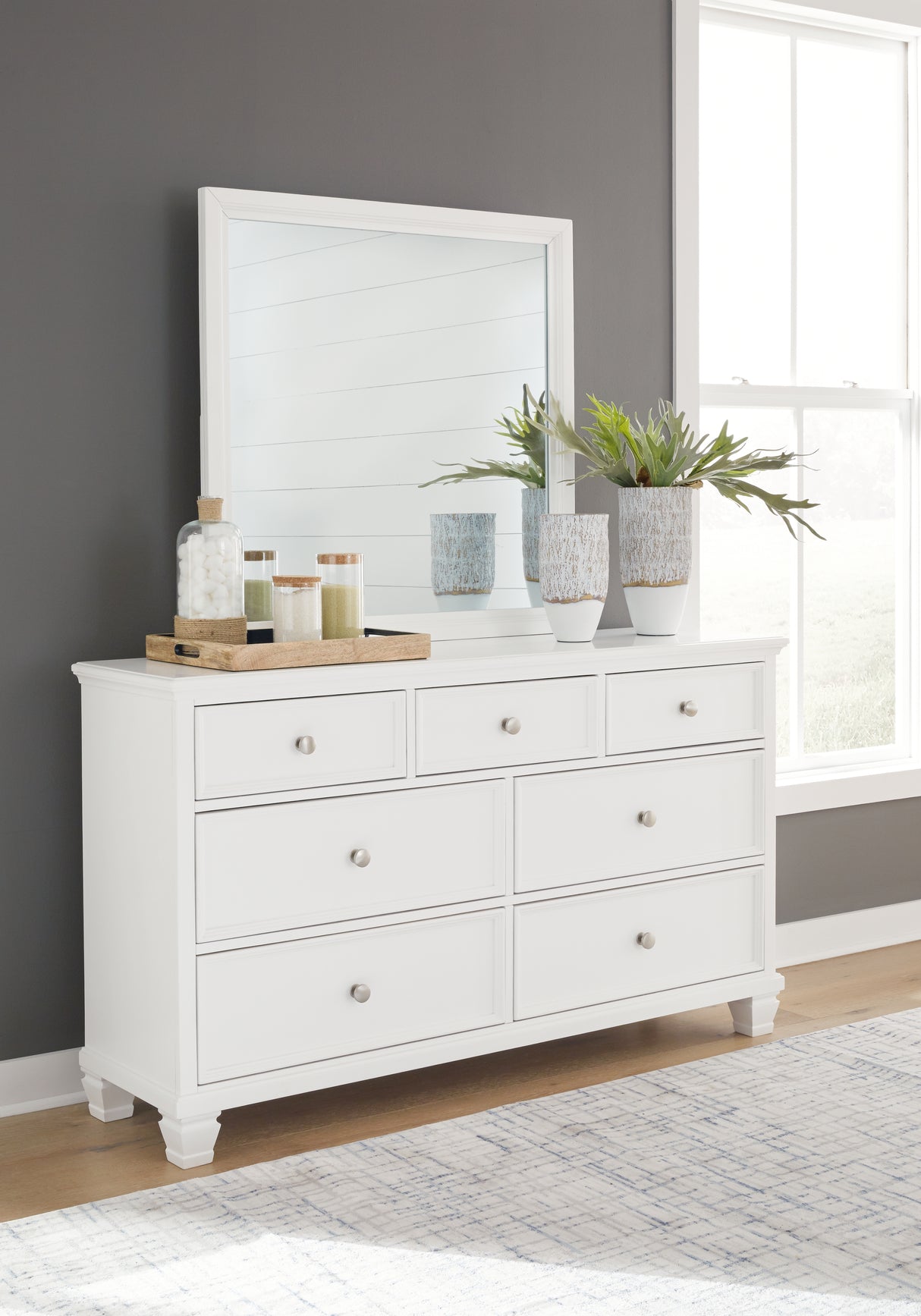 Fortman King Panel Storage Bed with Mirrored Dresser and Nightstand in White from Ashley Furniture - Luna Furniture