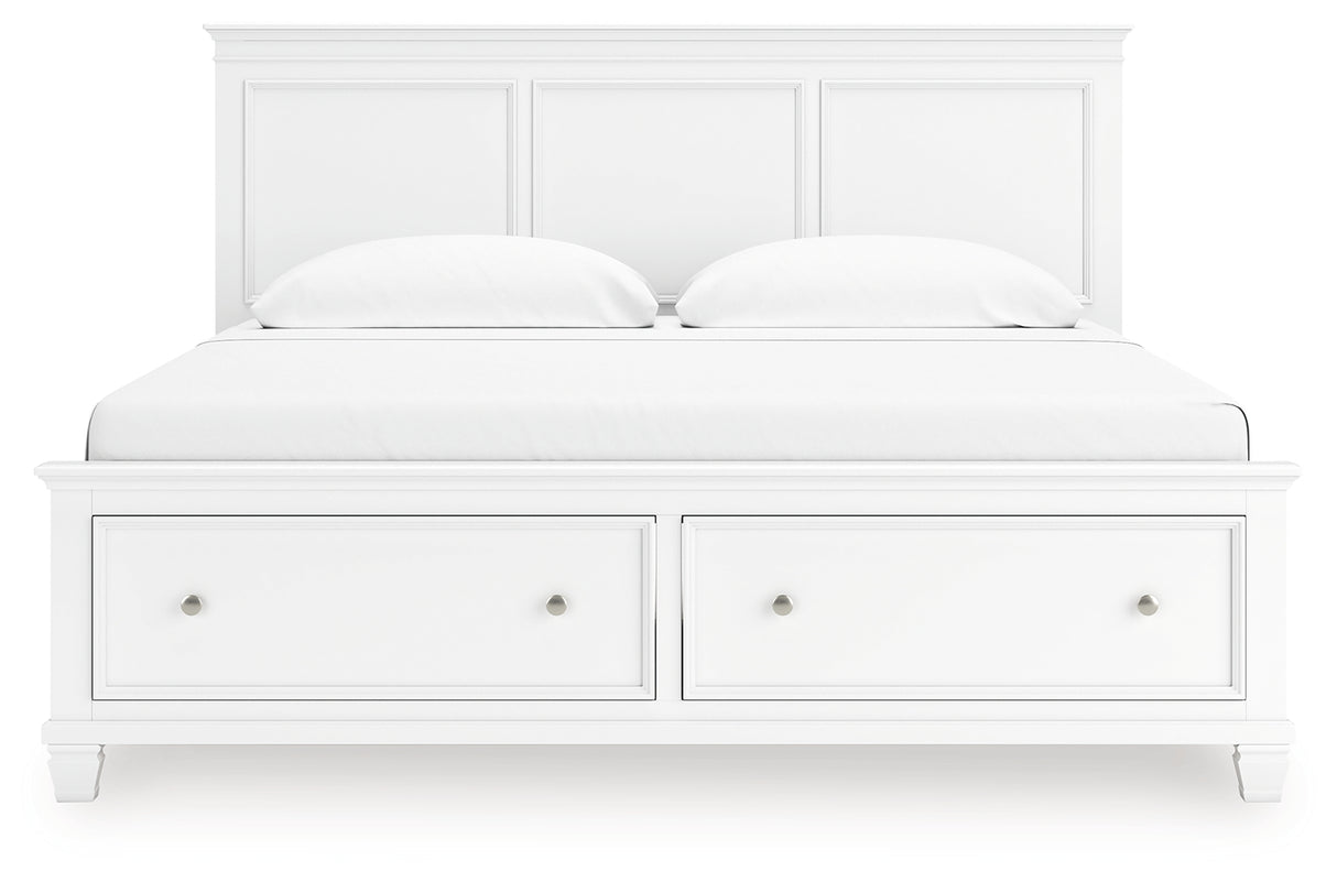 Fortman King Panel Storage Bed with Mirrored Dresser and Nightstand in White from Ashley Furniture - Luna Furniture