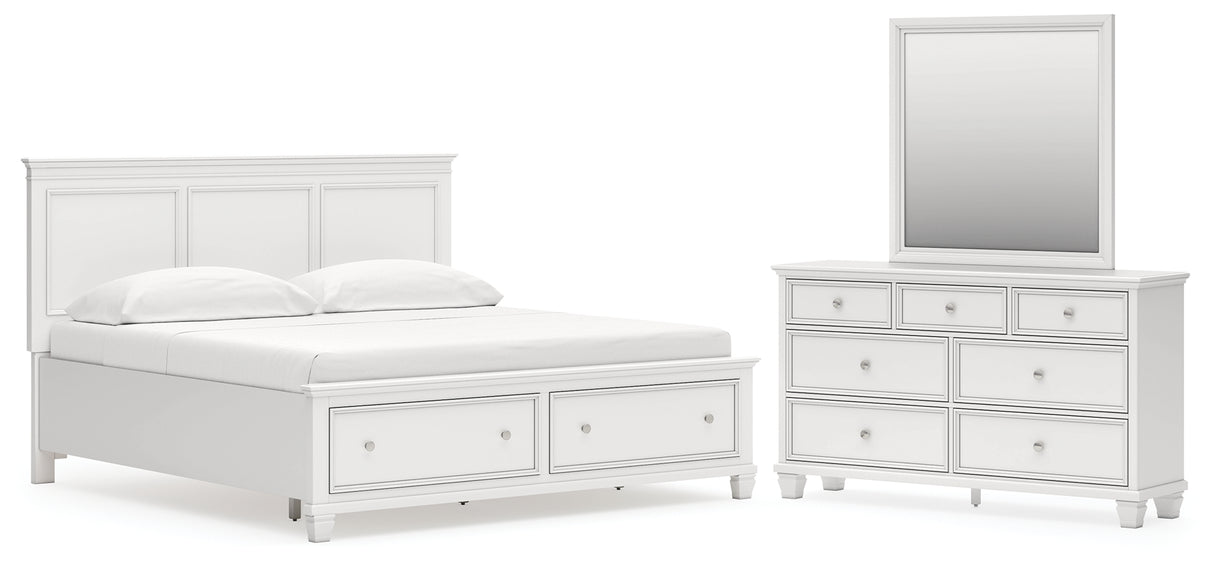 Fortman King Panel Storage Bed with Mirrored Dresser in White from Ashley - Luna Furniture