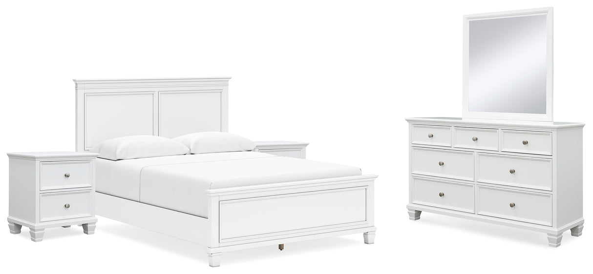 Fortman Queen Panel Bed with Mirrored Dresser and 2 Nightstands in White from Ashley - Luna Furniture