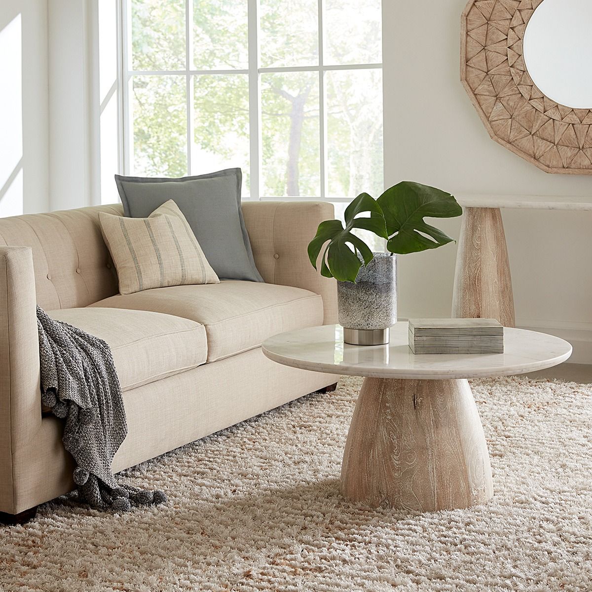 Palm Springs 36" Coffee Table with White Marble and Whitewash Modern Base from Home Trends & Design - Luna Furniture