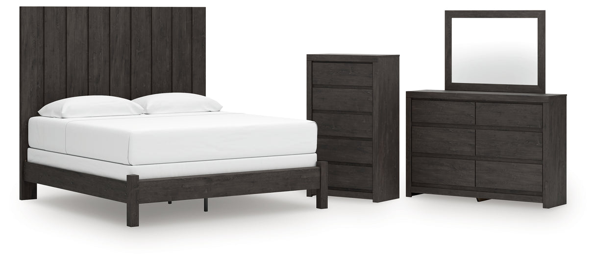 Fraluna King Panel Bed with Mirrored Dresser and Chest in Charcoal from Ashley - Luna Furniture