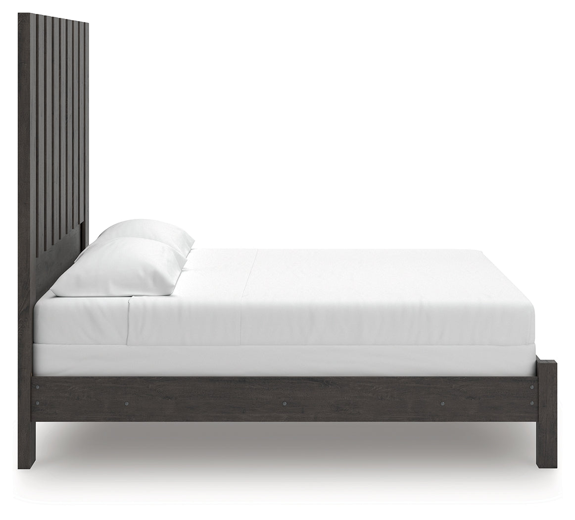 Fraluna King Panel Bed with Mirrored Dresser and Chest in Charcoal from Ashley - Luna Furniture