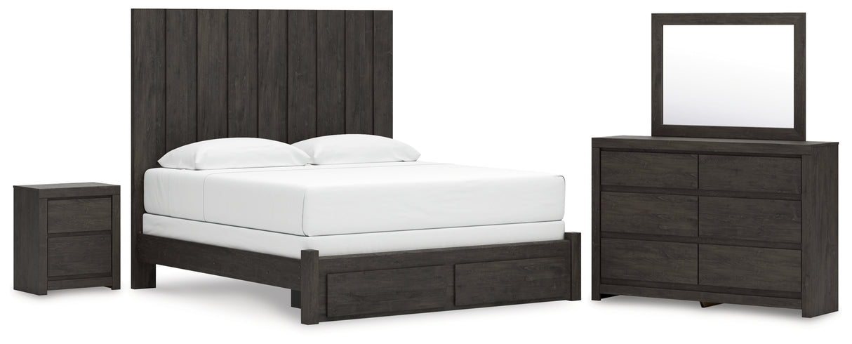 Fraluna King Panel Storage Bed with Mirrored Dresser and Nightstand in Charcoal from Ashley - Luna Furniture