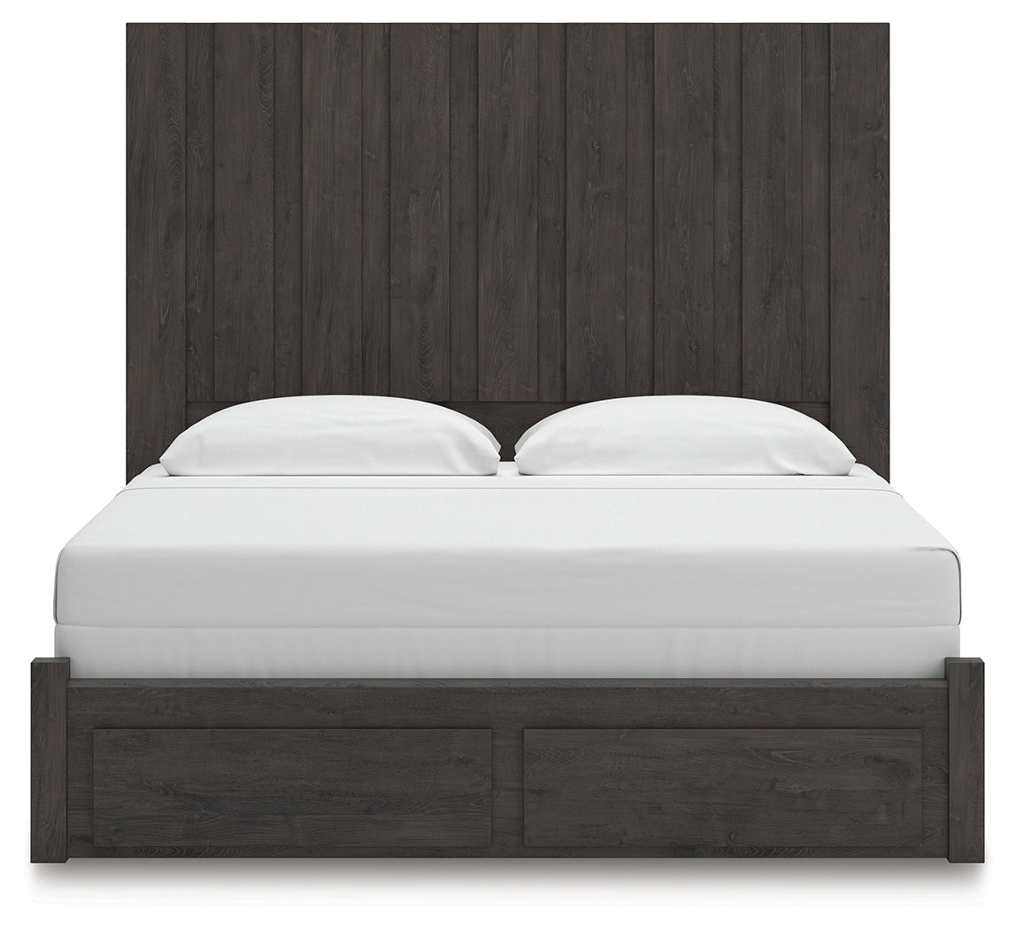 Fraluna King Panel Storage Bed with Mirrored Dresser, Chest and 2 Nightstands in Charcoal from Ashley - Luna Furniture