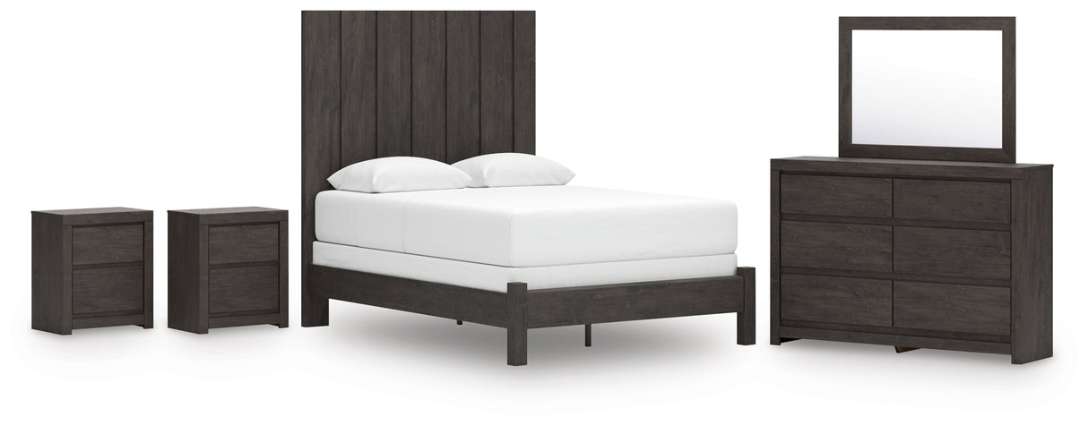 Fraluna Queen Panel Bed with Mirrored Dresser and 2 Nightstands in Charcoal from Ashley - Luna Furniture