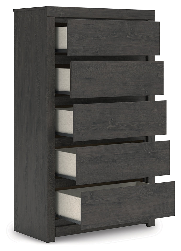 Fraluna Queen Panel Storage Bed with Mirrored Dresser and Chest in Charcoal from Ashley - Luna Furniture