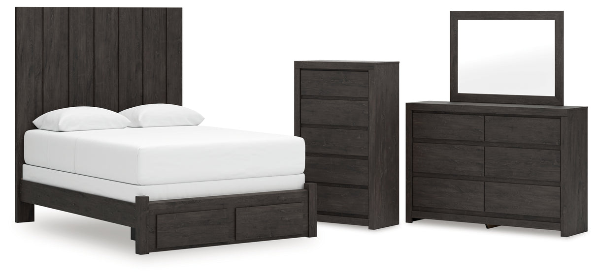 Fraluna Queen Panel Storage Bed with Mirrored Dresser and Chest in Charcoal from Ashley - Luna Furniture