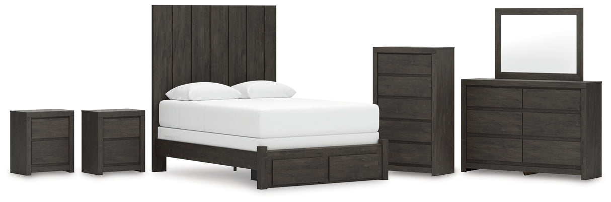 Fraluna Queen Panel Storage Bed with Mirrored Dresser, Chest and 2 Nightstands in Charcoal from Ashley - Luna Furniture