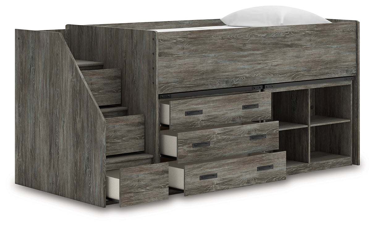 Frandern Gray Twin Loft Bed with Bookcase and Drawer Storage from Ashley - Luna Furniture