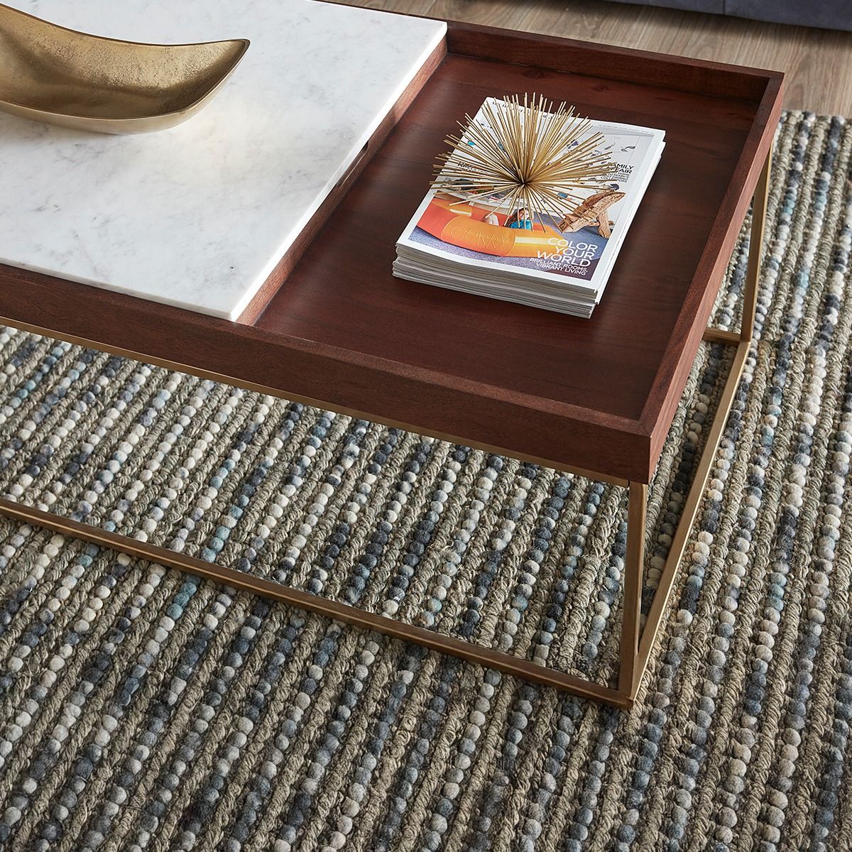 Serene 45" Coffee Table with White Marble in Walnut and Brass Base from Home Trends & Design - Luna Furniture