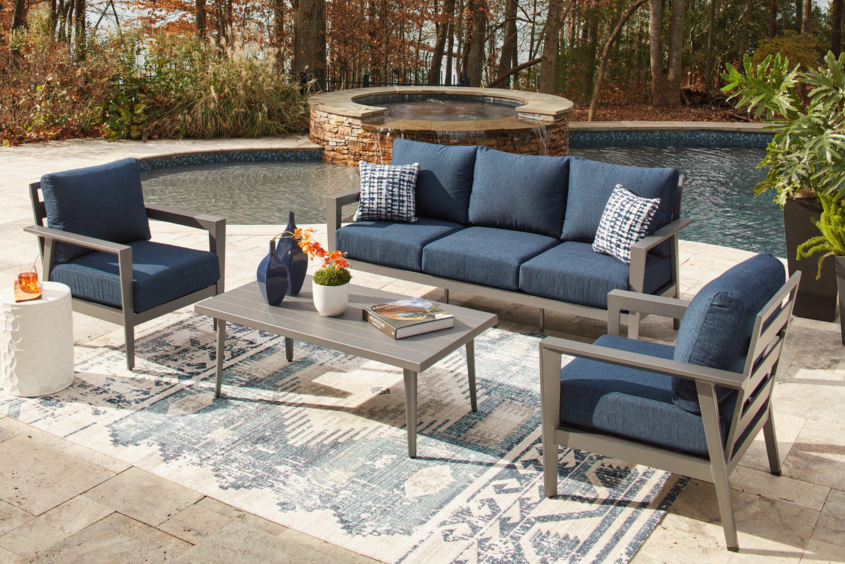 Gali Gray/Blue Outdoor Sofa/Chairs/Table Set (Set of 4) from Ashley - Luna Furniture
