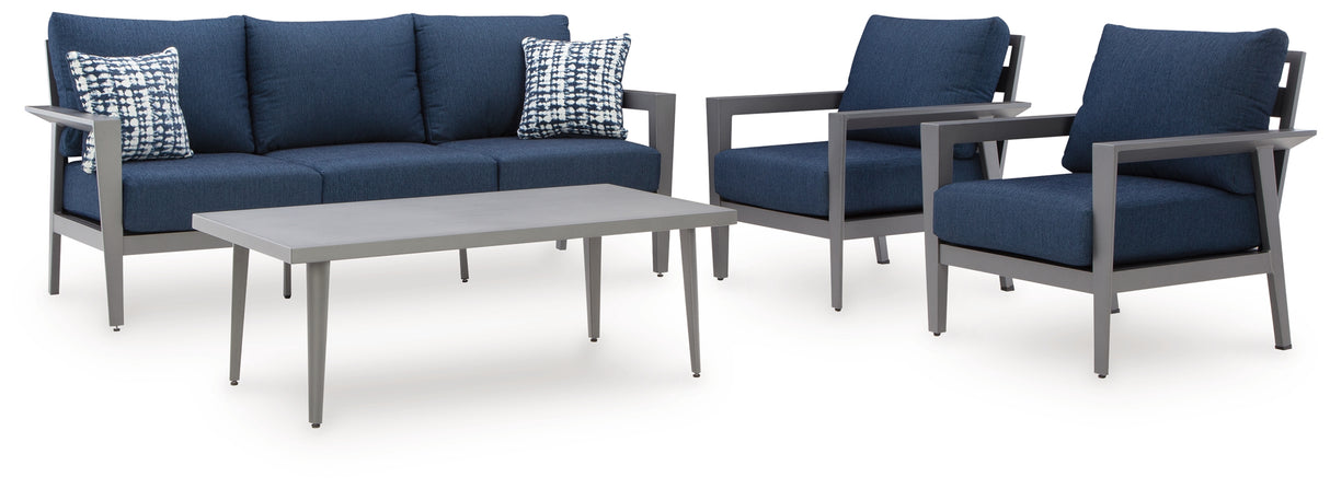 Gali Gray/Blue Outdoor Sofa/Chairs/Table Set (Set of 4) from Ashley - Luna Furniture