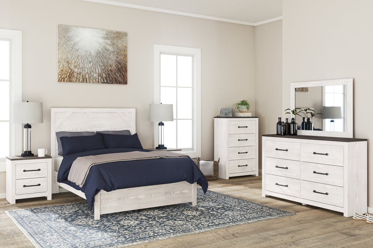 Gerridan White/Gray Full Panel Bed with Mirrored Dresser, Chest and Nightstand from Ashley Furniture - Luna Furniture