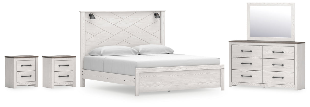 Gerridan King Panel Bed with Mirrored Dresser and 2 Nightstands in White/Gray from Ashley - Luna Furniture