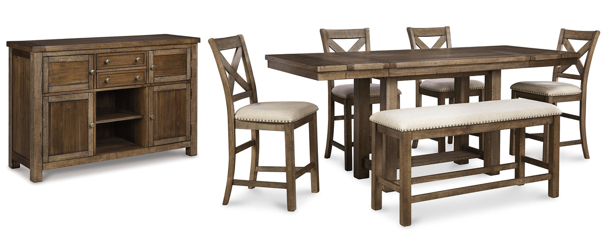 Moriville Grayish Brown Counter Height Dining Table with 4 Barstools, Bench, and Server from Ashley - Luna Furniture