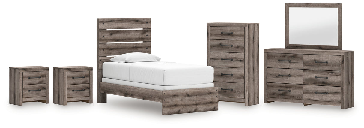 Graystorm Twin Panel Bed with Mirrored Dresser, Chest and 2 Nightstands in Brown Gray from Ashley - Luna Furniture