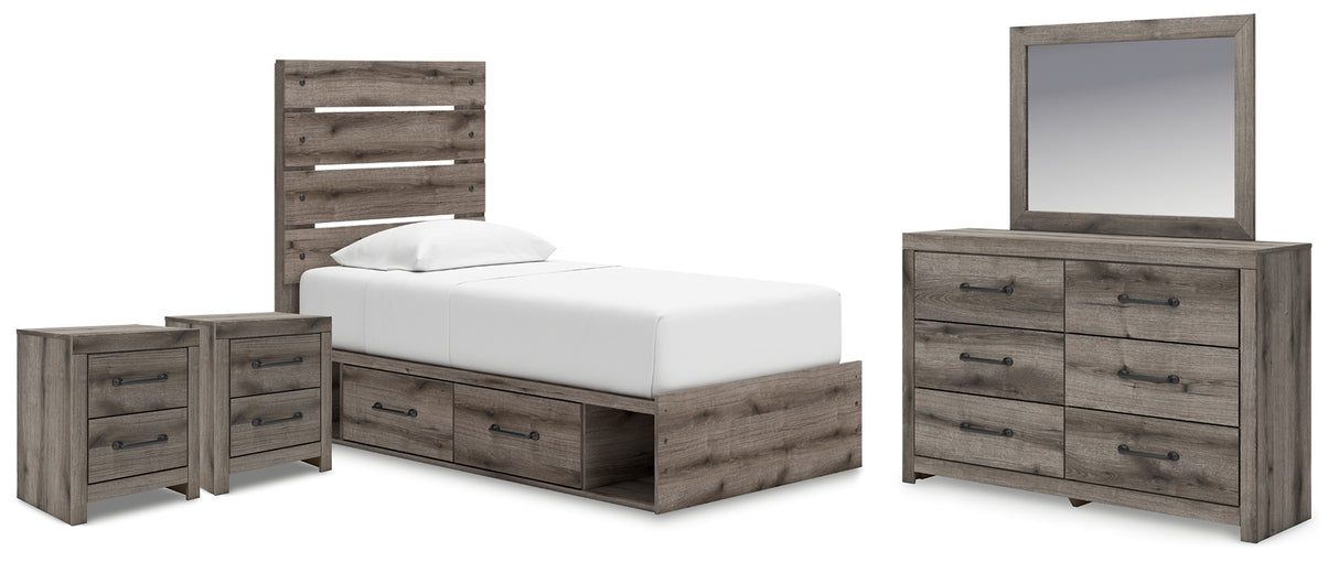 Graystorm Twin Panel Bed with Storage with Mirrored Dresser and 2 Nightstands in Brown Gray from Ashley - Luna Furniture
