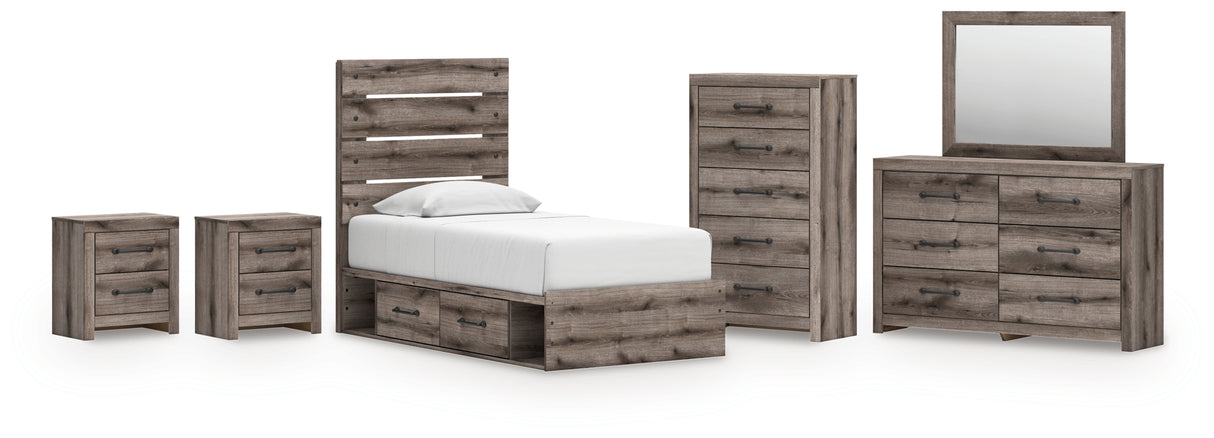 Graystorm Twin Panel Bed with Storage with Mirrored Dresser, Chest and 2 Nightstands in Brown Gray from Ashley - Luna Furniture