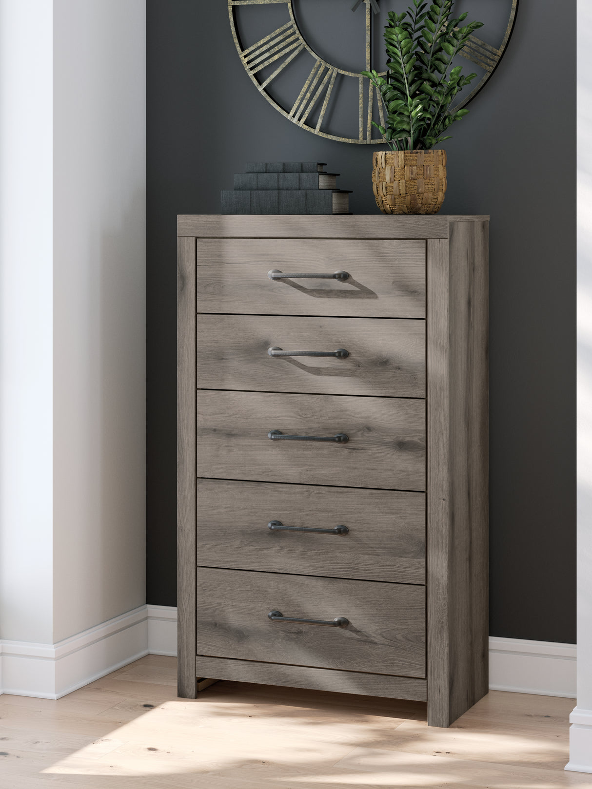 Graystorm Twin Panel Bed with Storage with Mirrored Dresser, Chest and 2 Nightstands in Brown Gray from Ashley - Luna Furniture