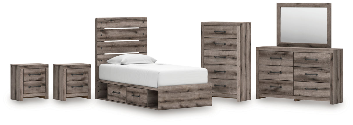 Graystorm Twin Panel Storage Bed with Mirrored Dresser, Chest and 2 Nightstands in Brown Gray from Ashley - Luna Furniture