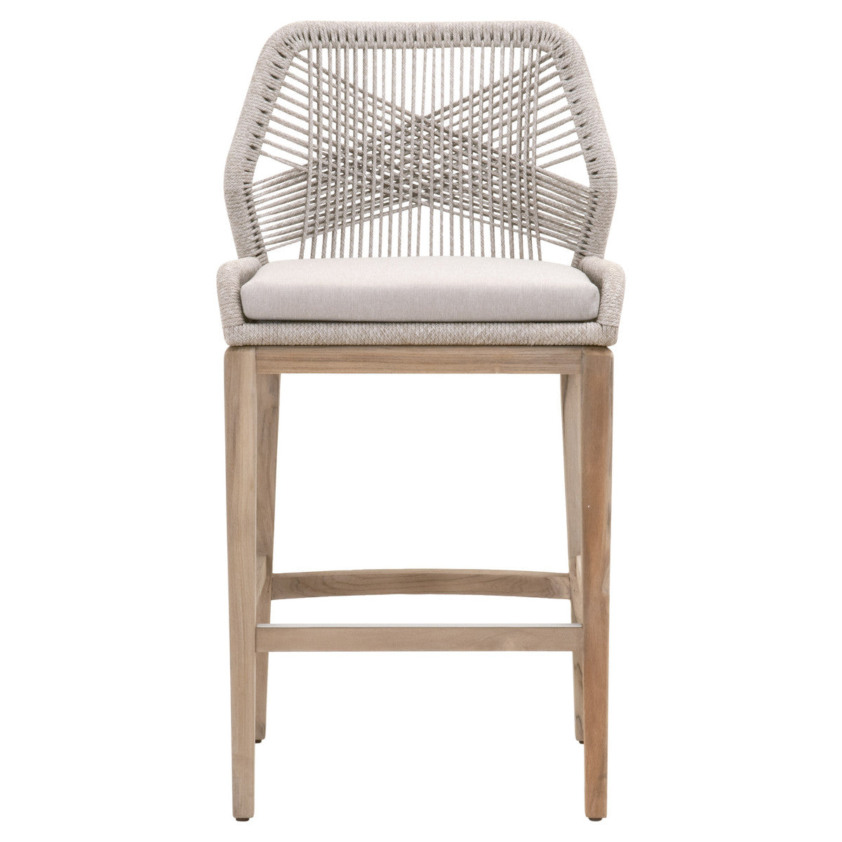 Loom Outdoor Barstool in Taupe & White Flat Rope, Performance Pumice, Gray Teak from Essentials For Living - Luna Furniture