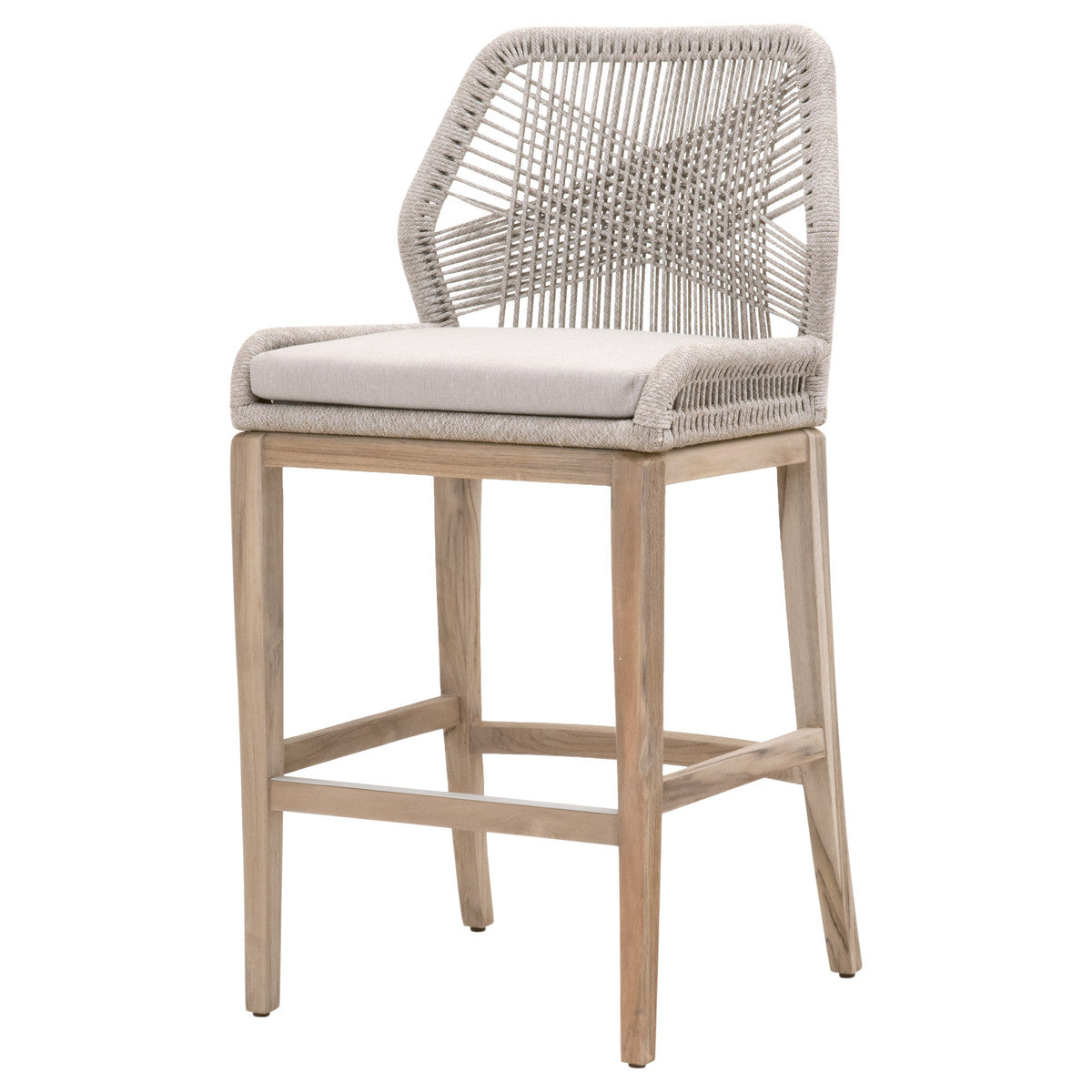 Loom Outdoor Barstool in Taupe & White Flat Rope, Performance Pumice, Gray Teak from Essentials For Living - Luna Furniture