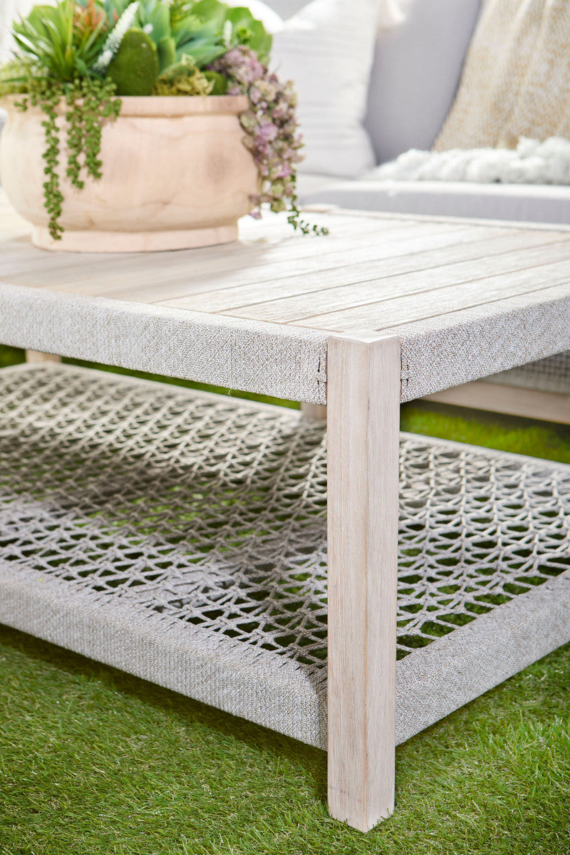 Wrap Outdoor Coffee Table in Taupe & White Flat Rope, Gray Teak from Essentials For Living - Luna Furniture