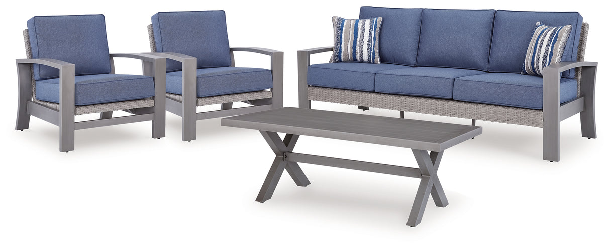 Half Moon Beach Outdoor Sofa and 2 Chairs with Coffee Table in Blue/Gray from Ashley - Luna Furniture