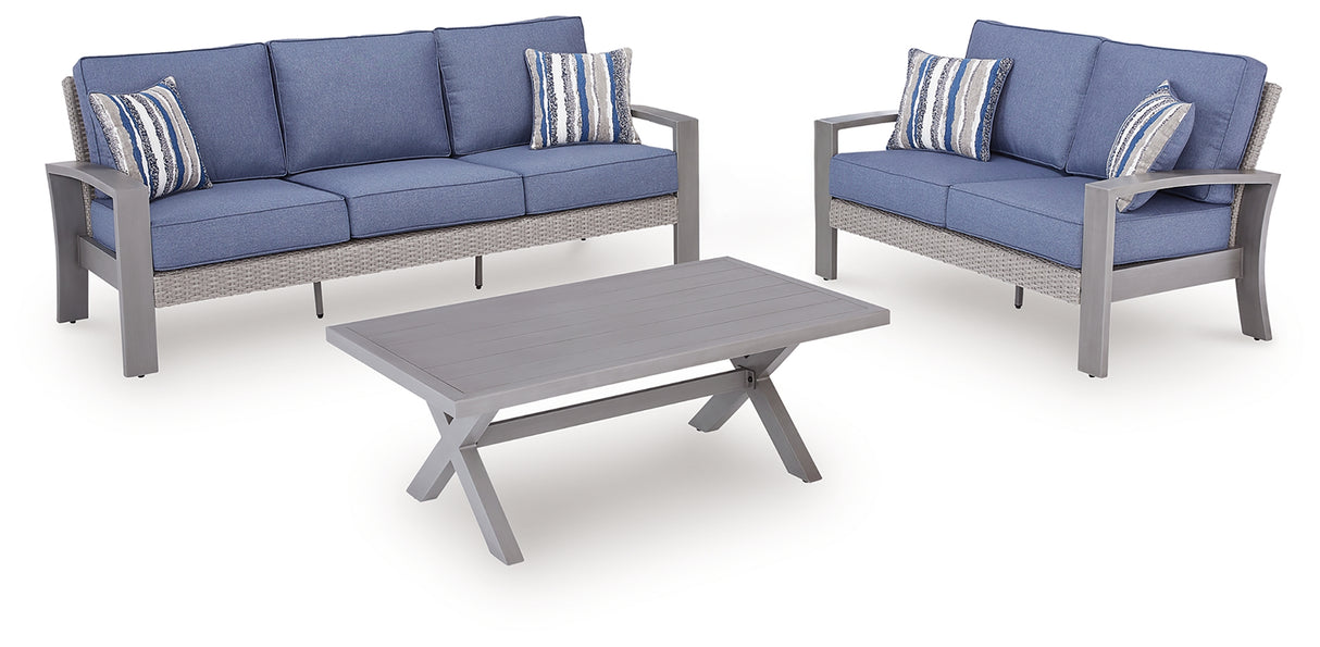 Half Moon Beach Outdoor Sofa and Loveseat with Coffee Table in Blue/Gray from Ashley - Luna Furniture