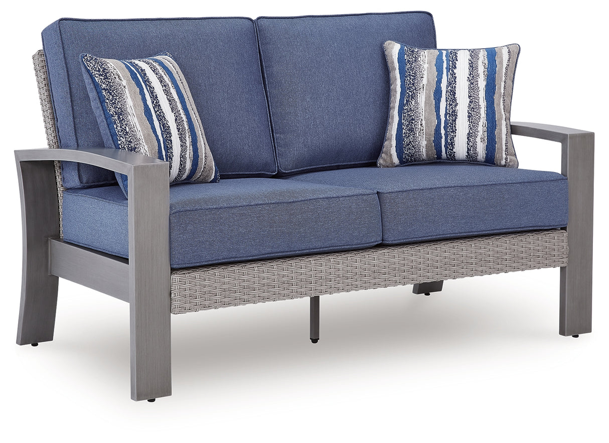Half Moon Beach Outdoor Sofa and Loveseat with Coffee Table in Blue/Gray from Ashley - Luna Furniture