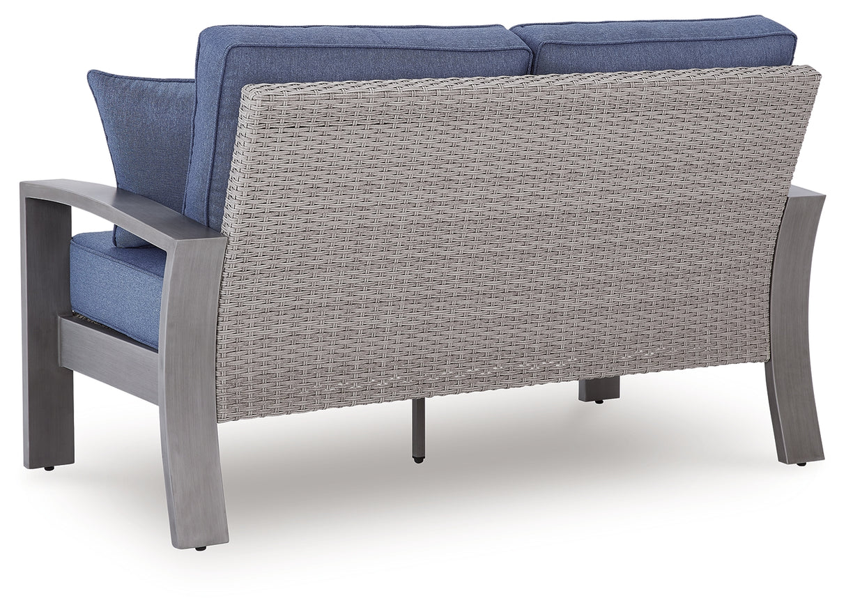 Half Moon Beach Outdoor Sofa and Loveseat with Coffee Table in Blue/Gray from Ashley - Luna Furniture