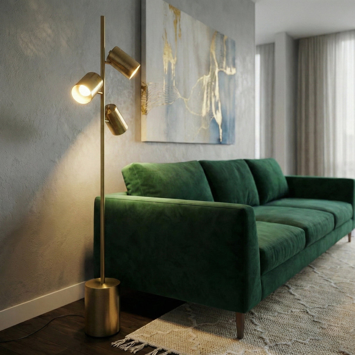Harmony Brassed Gold Floor Lamp with Rotary Switch Triple Spots Metal Block Base from Ashcroft Furniture - Luna Furniture