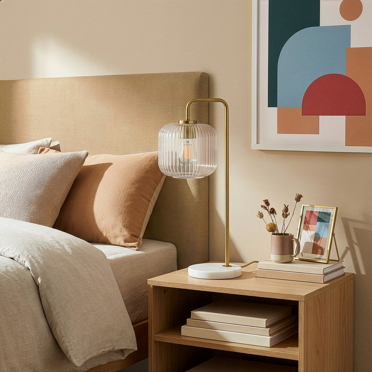 Haven Clear Glass Table Lamp, Gold Brush Metal and Marble Base, Button Control from Ashcroft Furniture - Luna Furniture