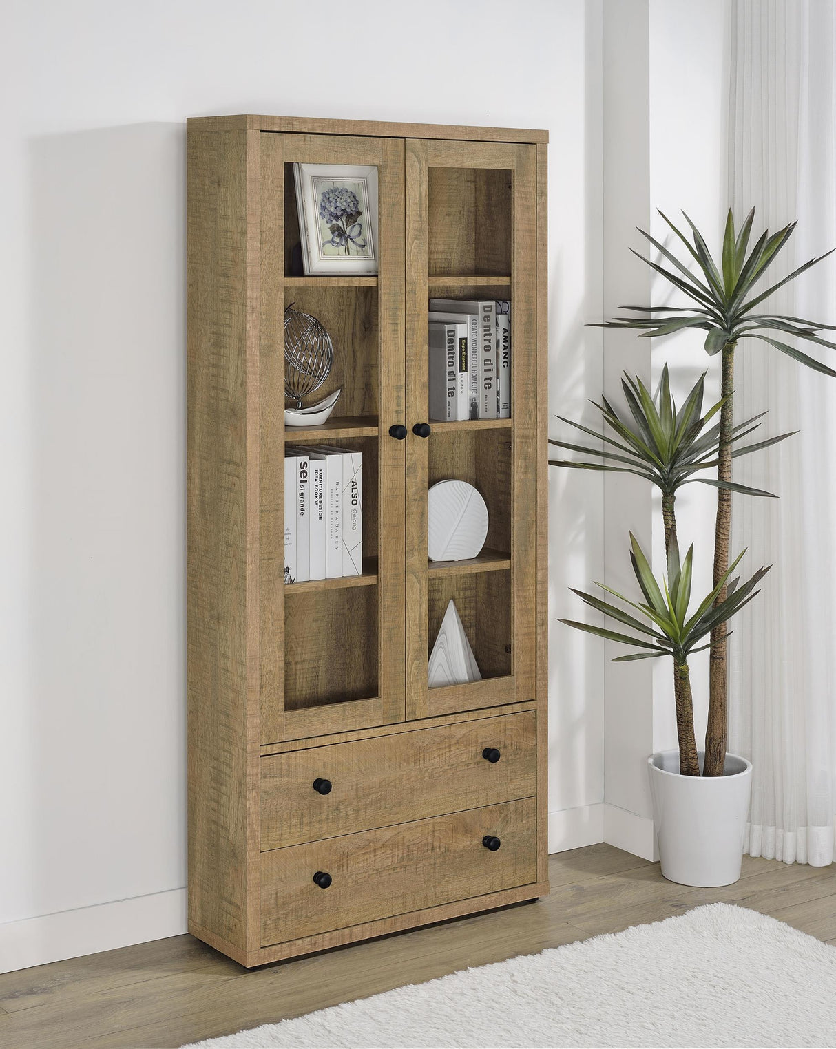 Hawthorne Mango 4-Shelf Glass Door Tall Cabinet with Drawers from Coaster - Luna Furniture