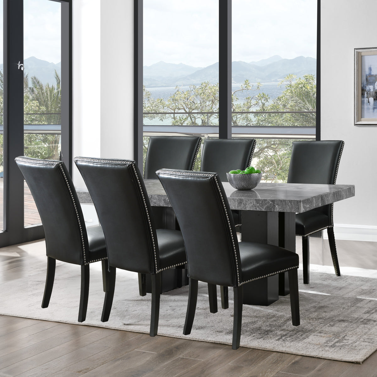 Camila Black 7-Piece Rectangle Gray Marble Top Dining Set from Steve Silver - Luna Furniture