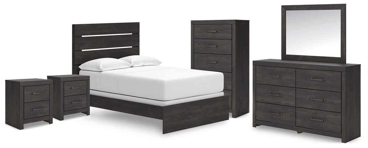 Hollivern Full Panel Bed with Mirrored Dresser, Chest and 2 Nightstands in Dark Gray from Ashley - Luna Furniture