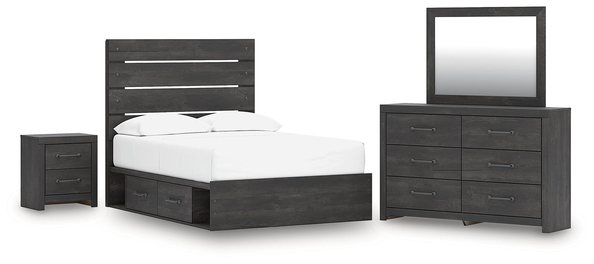 Hollivern Full Panel Bed with Storage with Mirrored Dresser and Nightstand in Dark Gray from Ashley - Luna Furniture