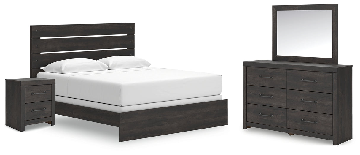 Hollivern King Panel Bed with Mirrored Dresser and Nightstand in Dark Gray from Ashley - Luna Furniture