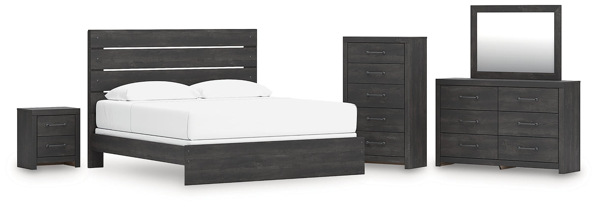 Hollivern King Panel Bed with Mirrored Dresser, Chest and Nightstand in Dark Gray from Ashley - Luna Furniture