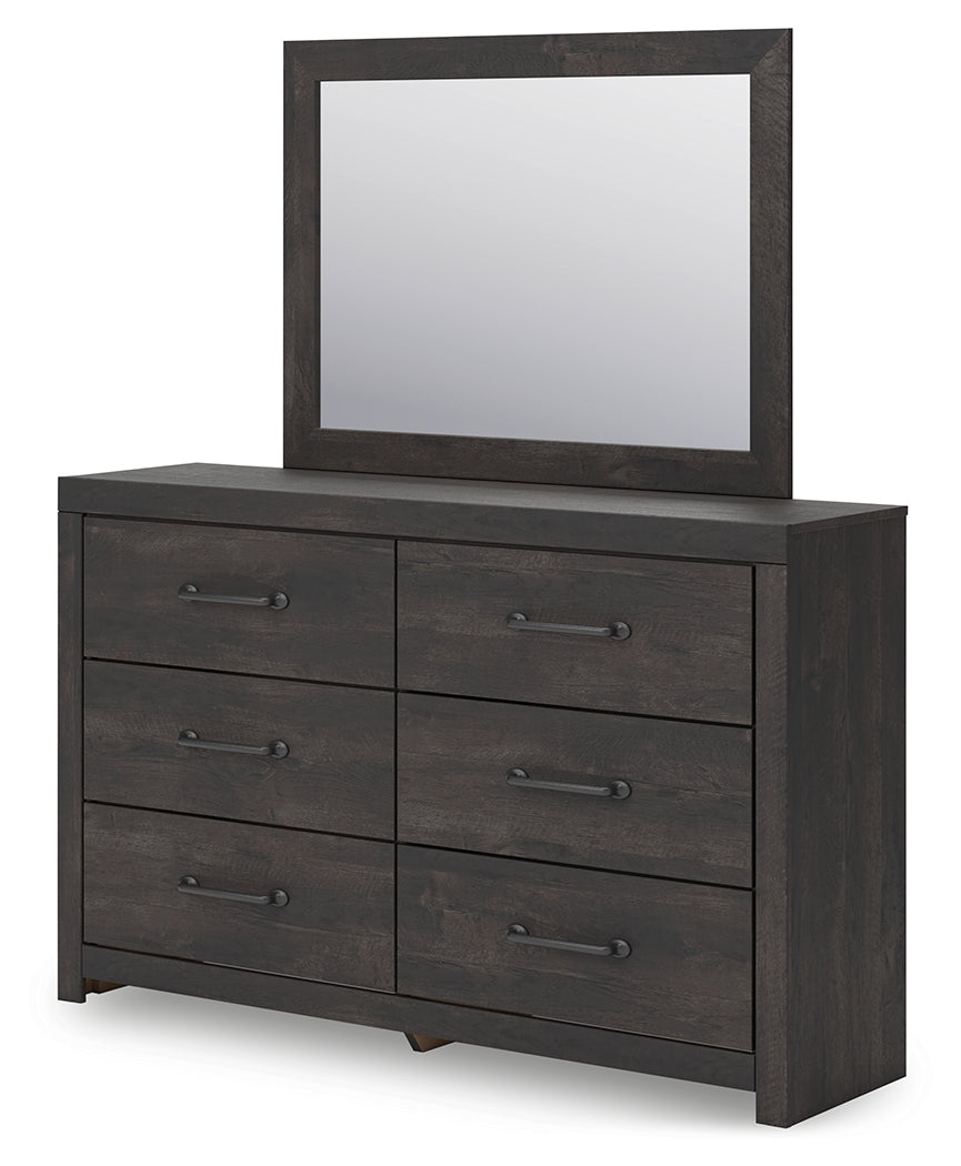 Hollivern King Panel Bed with Mirrored Dresser, Chest and Nightstand in Dark Gray from Ashley - Luna Furniture