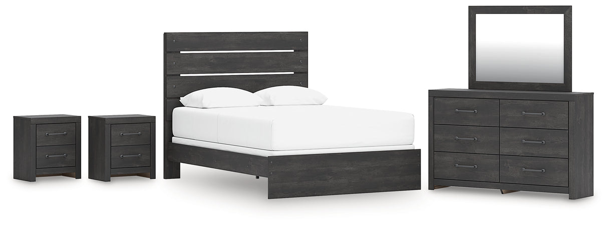 Hollivern Queen Panel Bed with Mirrored Dresser and 2 Nightstands in Dark Gray from Ashley - Luna Furniture