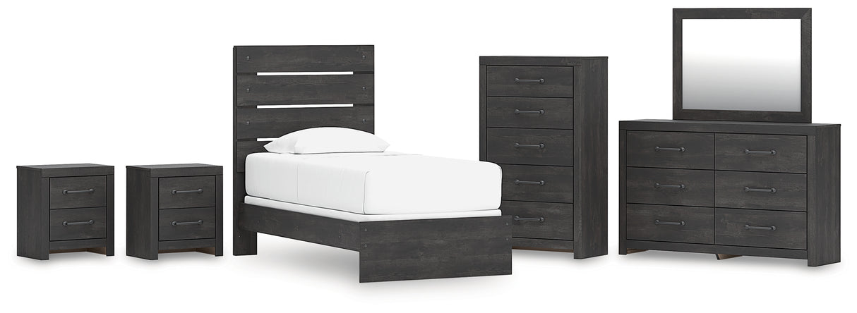 Hollivern Twin Panel Bed with Mirrored Dresser, Chest and 2 Nightstands in Dark Gray from Ashley - Luna Furniture