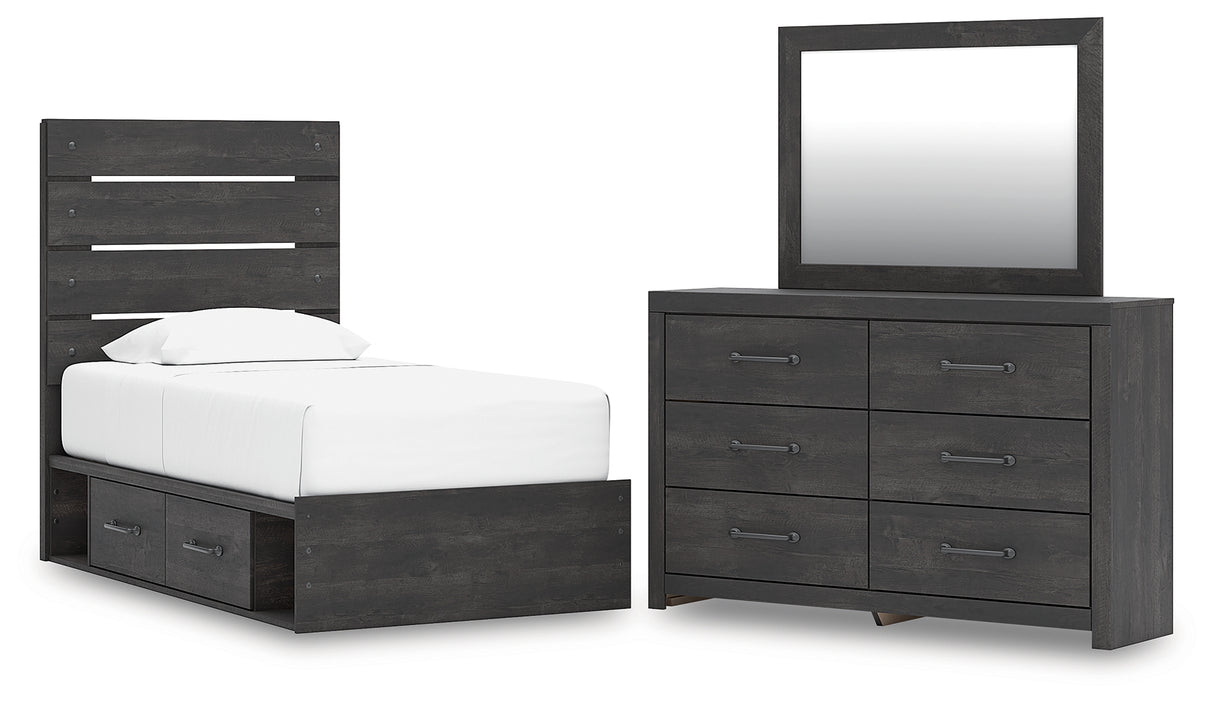 Hollivern Twin Panel Storage Bed with Mirrored Dresser in Dark Gray from Ashley - Luna Furniture