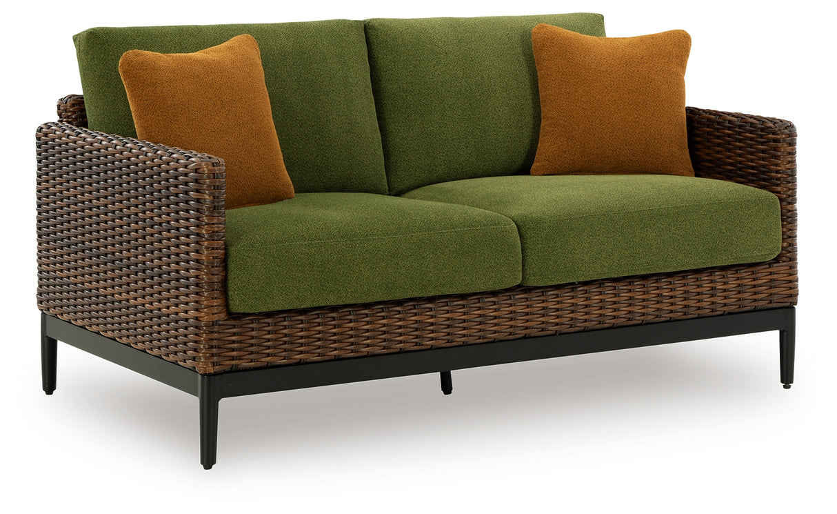 Horizon Hall Brown/Green Outdoor Loveseat with Cushion from Ashley - Luna Furniture