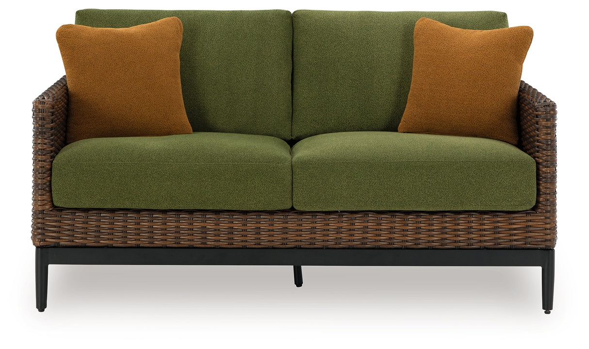 Horizon Hall Brown/Green Outdoor Loveseat with Cushion from Ashley - Luna Furniture