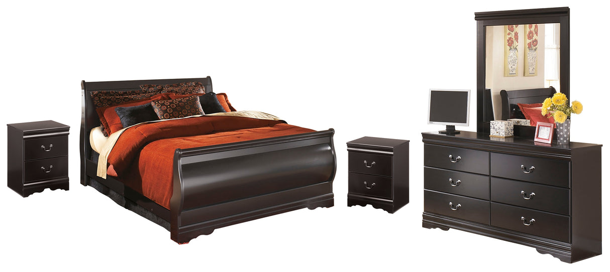 Huey Vineyard Queen Sleigh Bed with Mirrored Dresser and 2 Nightstands in Black from Ashley - Luna Furniture