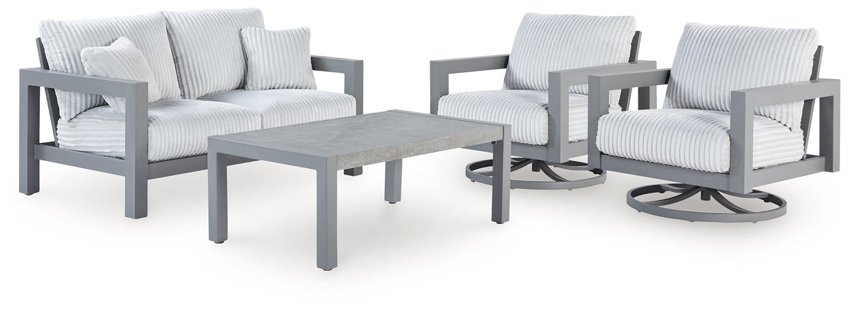 Hurley Park Outdoor Loveseat and 2 Lounge Chairs with Coffee Table in Gray from Ashley Furniture - Luna Furniture